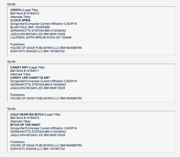 Lady Gaga New song registration.png Lady Gaga New song registration.png